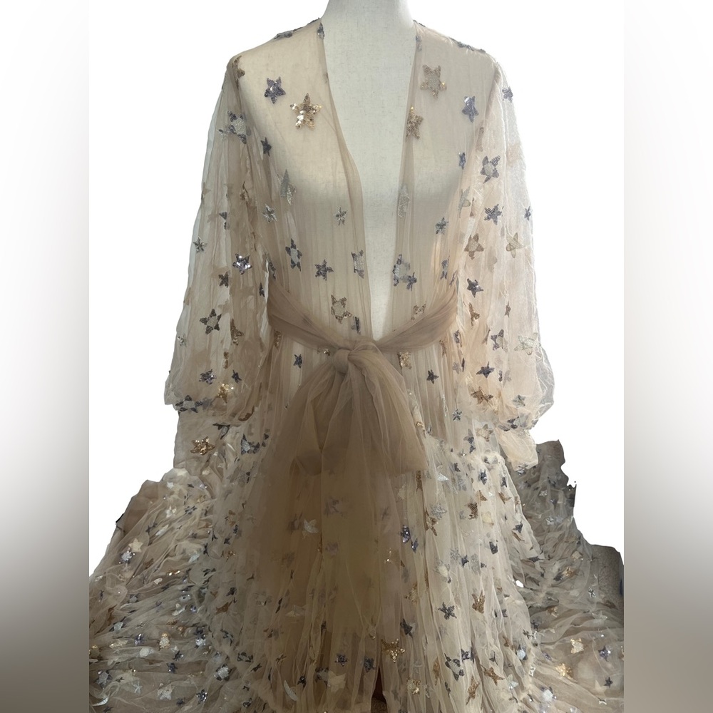 Beautiful Tan Sequin Stars Tulle Maternity Robe or any Occasion Photoshoot - Picture 6 of 10